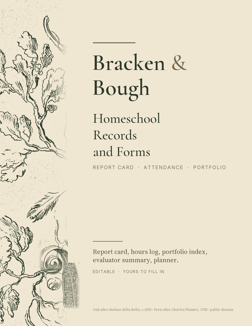 Homeschool Records and Forms, cover, with an oak etching after Stefano della Bella
