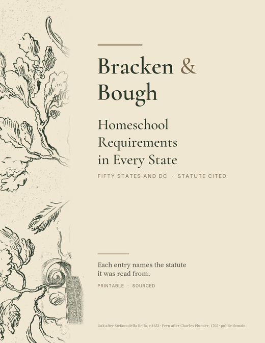 Homeschool Requirements in Every State, cover, with an oak etching after Stefano della Bella